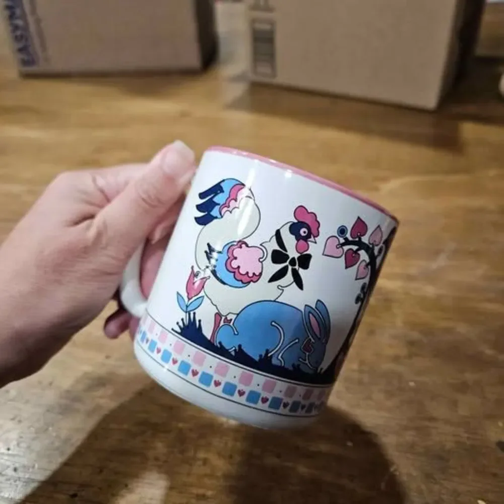 Vintage Folk Art Ceramic Mug with Rooster, Rabbit, Cat, and Sheep